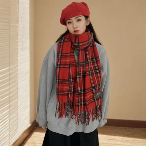 Femme Carreaux Rouges Hiver Écharpe Chaud Imitation Cachemire Gland Long Châle Classique Tartan Envelopper