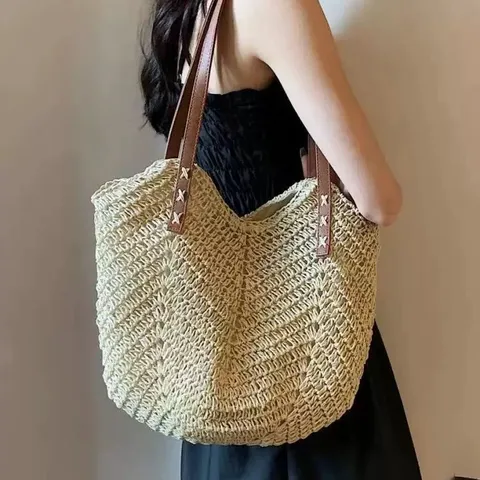 Bolso de Hombro de Paja Tejida Casual Gran Capacidad Bolso Tote de Playa de Verano Moda Bolso de Mano para Mujer Bolso de Viaje de Vacaciones