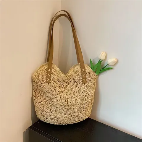 Bolso de Hombro de Paja Tejida Casual Gran Capacidad Bolso Tote de Playa de Verano Moda Bolso de Mano para Mujer Bolso de Viaje de Vacaciones