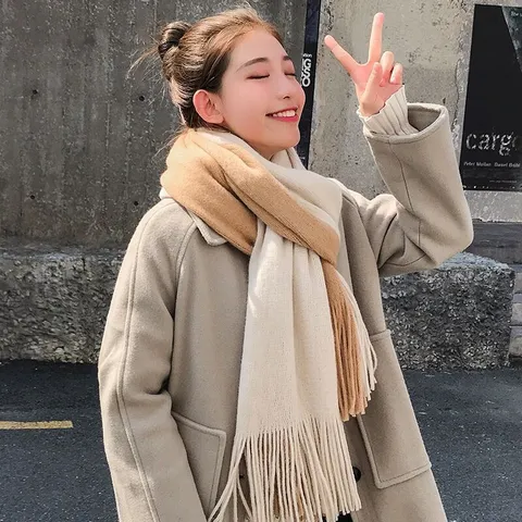 Women Winter Warm Knitted Scarf Korean Style Color Block Tassel Long Scarf Casual Soft Woolen Neck Scarf