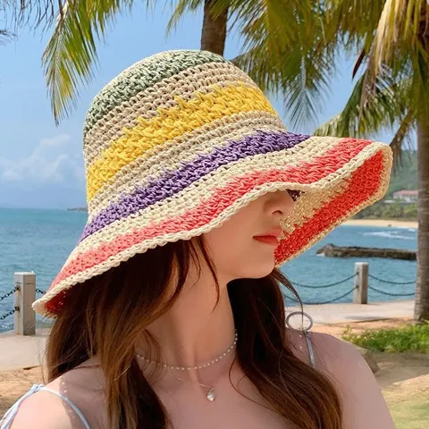 Women Straw Sun Hat Summer Travel Raffia Wide Brim Colorful Striped Beach Hat UV Protection Foldable Casual Sunhat