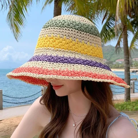 Women Straw Sun Hat Summer Travel Raffia Wide Brim Colorful Striped Beach Hat UV Protection Foldable Casual Sunhat