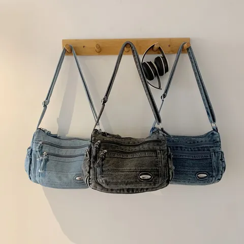 Borsa a Tracolla in Denim da Donna di Grande Capacità Borsa a Spalla Retro Casual Tasche Multiple per Viaggi Quotidiani