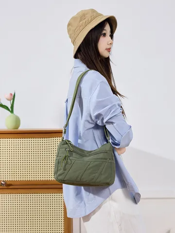 Borsa a Tracolla in Nylon Lavato per Donna Borsa a Spalla con Cerniera Multistrato Borsa Messenger Quotidiana Casual