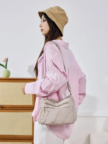Borsa a Tracolla in Nylon Lavato per Donna Borsa a Spalla con Cerniera Multistrato Borsa Messenger Quotidiana Casual