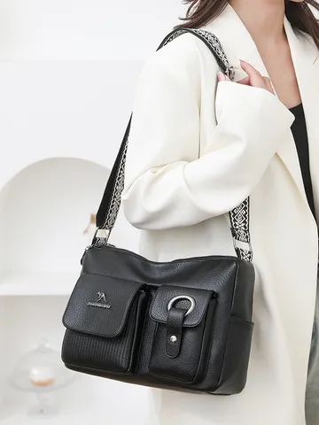 Donna Casual Morbido Pelle PU Borsa a Tracolla Grande Capacità Motivo Litchi Borsa a Mano Con Tasche Multiple