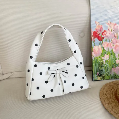 Womens Retro Polka Dot Underarm Bag PU Leather Casual Handbag With Chain And Bowknot Crossbody Shoulder Bag