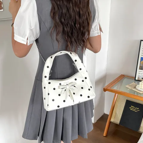 Womens Retro Polka Dot Underarm Bag PU Leather Casual Handbag With Chain And Bowknot Crossbody Shoulder Bag