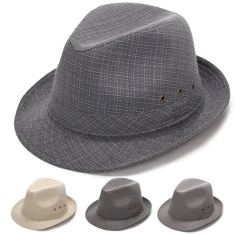 Herren Casual Sonnenschutz Fedora Hut Atmungsaktiv Leinenoptik Einfarbig Flache Krone Kurze Krempe Jazz Hut Mit Ösen