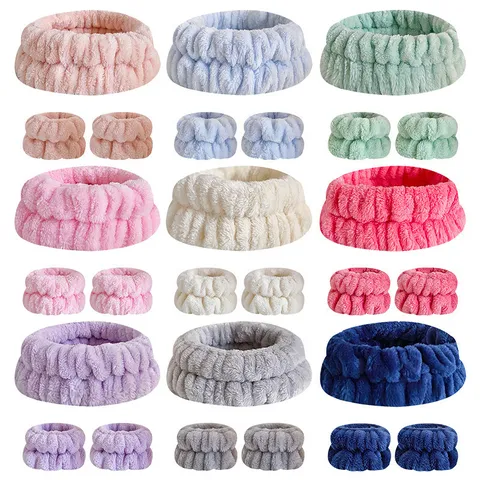 Bandeau Cheveux Peluche Souple Couleur Unie et Poignets Set Nœud Flanelle Spa Absorbant pour Laver Visage Femmes