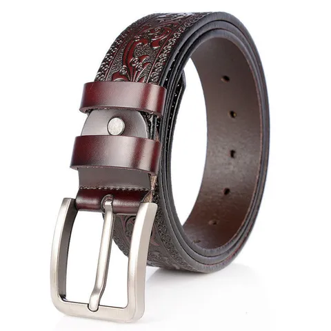 Men's Vintage Leather Belt Casual Cowboy Jeans Belt Embossed Floral Alloy Pin Buckle Fashion Waist Accessories