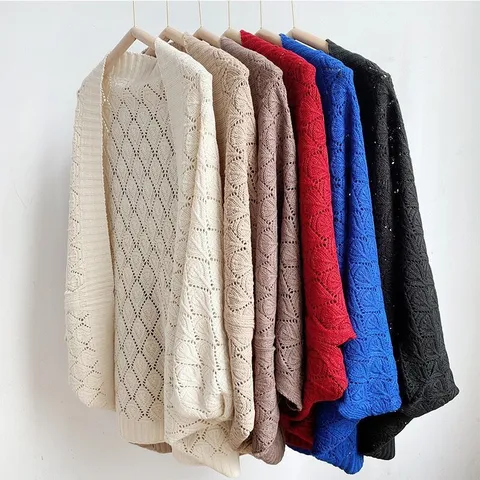Women's Casual Hollow Out Cardigan Shawl Long Sleeve Open Front Knit Sweater Loose Outerwear