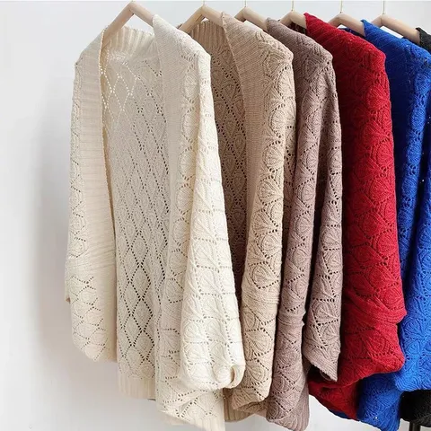 Women's Casual Hollow Out Cardigan Shawl Long Sleeve Open Front Knit Sweater Loose Outerwear