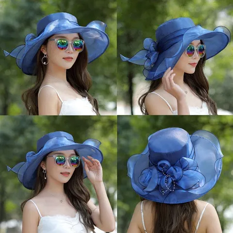 Women Summer Organza Sun Hat Floral Mesh Beach Sun Protection Hat Wide Brim Casual Ladies Elegant Church Dress Hat
