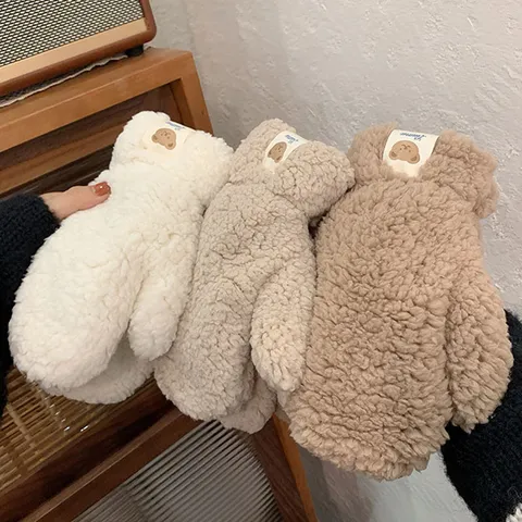 Cute Bear Patch Lamb Fleece Mittens Thickened Warm Cold-Proof Winter Cycling Gloves For Women And Students