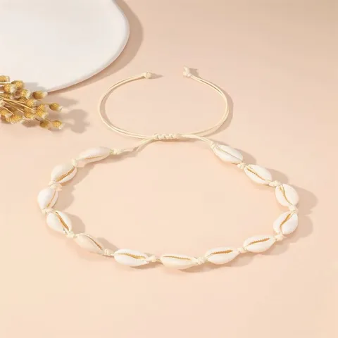 Natural Cowrie Shell Necklace Bracelet Set For Women Beach Style Handmade Woven Cord Adjustable Summer Resort Jewelry
