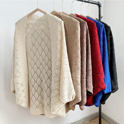 Women Knitted Hollow Out Shawl Cape Viscose Open Front Sun Protection Cardigan Scarf For Air Conditioned Room
