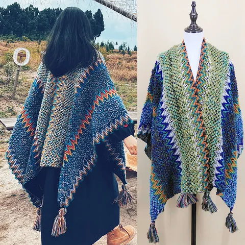 Women's Ethnic Colorblock Knitted Shawl Cape Winter Warm Fringe Poncho Casual Open Front Outerwear Travel Wrap