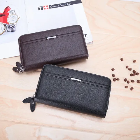 Cartera Larga de Negocios para Hombre Doble Cremallera Cuero PU Gran Capacidad Bolso de Mano Tarjetero Multifuncional
