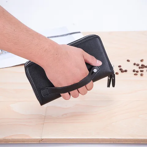 Cartera Larga de Negocios para Hombre Doble Cremallera Cuero PU Gran Capacidad Bolso de Mano Tarjetero Multifuncional