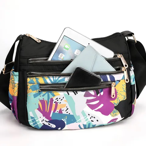 Borsa a Tracolla in Nylon da Donna Borsa a Spalla con Tasche Multiple e Cerniera Casual Stampa Floreale Borsa Messaggero Giornaliera