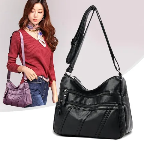 Borsa a Tracolla Casual da Donna in Morbida Pelle PU con Tasche Multiple con Cerniera Borsa a Spalla