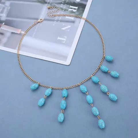 Vintage Türkis Oval Anhänger Halskette Bohème Gold Legierung Fransen Choker Verstellbar Damen Schmuck Geschenk