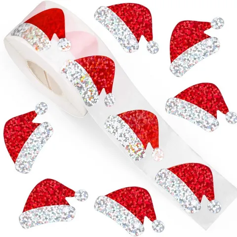 Christmas Hat Stickers Roll Holographic Glitter Self Adhesive Gift Labels For Holiday Party Packaging Decoration