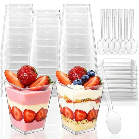Tasses à Dessert en Plastique Jetables Avec Couvercles Et Cuillères Tasses à Gâteau Mousse Pouding Transparentes Pour Fête Vaisselle