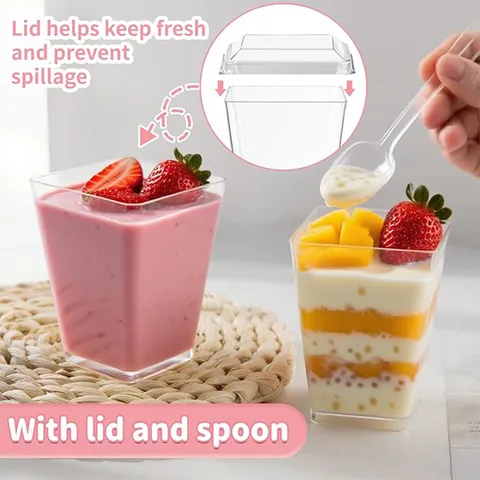 Tasses à Dessert en Plastique Jetables Avec Couvercles Et Cuillères Tasses à Gâteau Mousse Pouding Transparentes Pour Fête Vaisselle