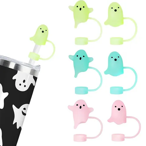Halloween Ghost Silicone Straw Cover Luminous Dust Plug Reusable Straw Cap Accessory For Stanley Cup Drinkware