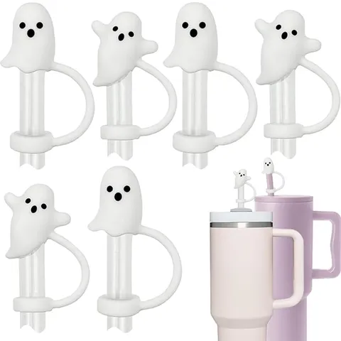 Halloween Silicone Paille Couverture Capuchon Mignon Fantôme Bouchon Anti-Poussière Réutilisable Paille Topper Pour 10mm Pailles