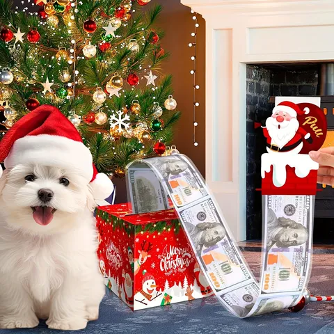 Red Christmas Cash Pull Box Holiday Party Decoration Cash Gift Box Set With Santa Cards And Clear Bags