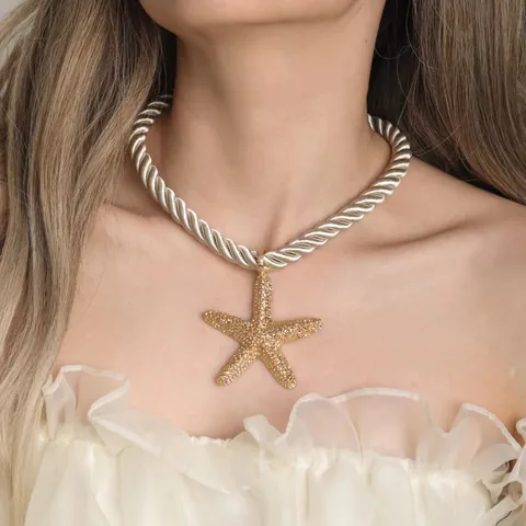 Western Style Gold Textured Starfish Pendant Twisted Rope Chain Necklace Earrings Jewelry Set For Women Summer Beach Vacation Jewelry