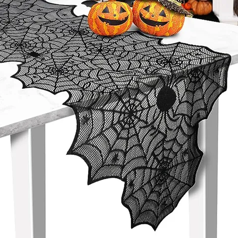 Μαύρο Τραπεζομάντιλο Halloween από Δαντέλα Αραχνοϋφαντο Runner Πάνος Τζακιού Κουρτίνα Πόρτας Διακόσμηση Πάρτι