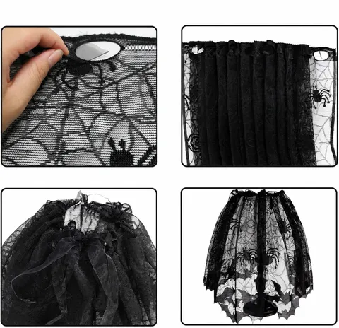 Halloween Black Lace Spider Web Bat Pattern Lampshade Topper Tablecloth Runner Gothic Festive Party Home Mantle Scarf Decor