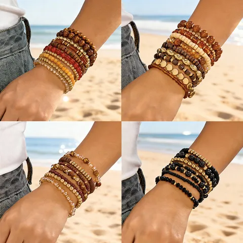 Bohemian Multilayer Stacking Beaded Bracelet Set Handmade Wood Glazed Beads Natural Stone Elastic Rope Beach Ethnic Jewelry