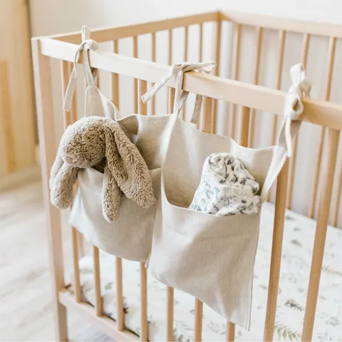 Linen Crib Hanging Storage Bag Double Pocket Baby Bed Organizer Nursery Storage Pocket Diaper Toy Storage Bag