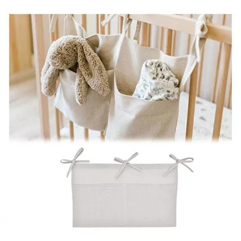 Linen Crib Hanging Storage Bag Double Pocket Baby Bed Organizer Nursery Storage Pocket Diaper Toy Storage Bag