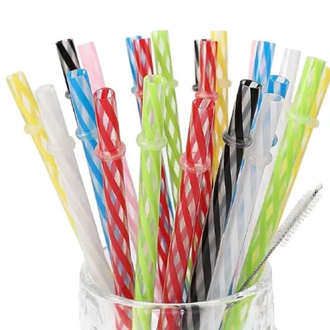 Reusable Hard Plastic Drinking Straws With Anti Slip Ring Colorful Striped Smoothie Straws For Home Kitchen Party