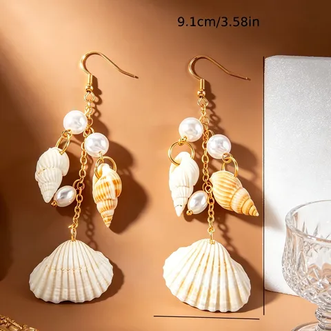 Bohemian Natürliche Muschel Conch Seestern Ohrhänger Für Damen Vergoldete Kette Lange Quaste Künstliche Perle Strand Urlaub Schmuck Ohrringe