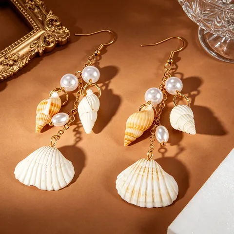 Bohemian Natürliche Muschel Conch Seestern Ohrhänger Für Damen Vergoldete Kette Lange Quaste Künstliche Perle Strand Urlaub Schmuck Ohrringe