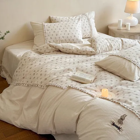 Französischer Vintage Blumen Baumwolle Leinen Bettwäsche Bettbezug Rüschen Bettlaken Kissenbezüge Zuhause Schlafzimmer