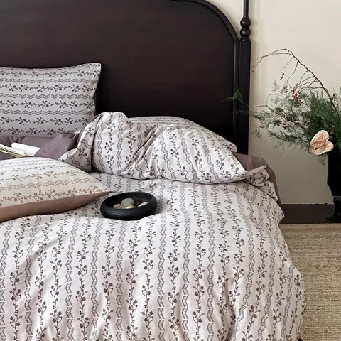 Wabi-Sabi Style Washed Cotton Four-Piece Bedding Set Thick-Woven Floral Jacquard Duvet Cover Bed Sheet Home Bedroom