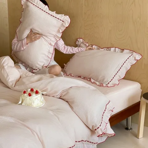 Princess Style Cute Bow Ruffle Crinkled Cotton Gauze Bedding Set Duvet Cover Bed Sheet Pillowcases Home Bedding