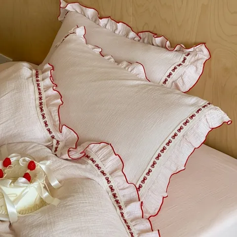 Princess Style Cute Bow Ruffle Crinkled Cotton Gauze Bedding Set Duvet Cover Bed Sheet Pillowcases Home Bedding
