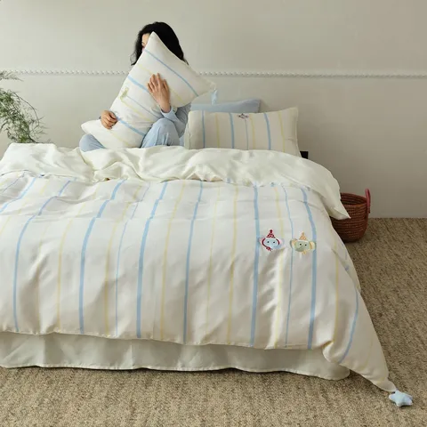 Summer Kids Tencel Bedding Set Ice Silk Cooling Quilt Cover Bed Sheet Cartoon Elephant Embroidery Home Textile
