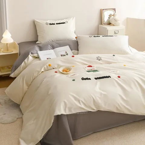 Cotton Towel Embroidered Bedding Set Cute Cartoon Duvet Cover Flat Sheet Pillowcases Student Dormitory Home