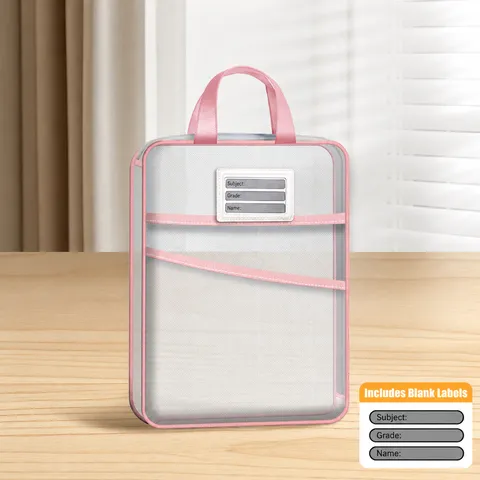 Transparent Mesh Zipper File Bag L Shaped Large Capacity Student Handbag Document Storage Bag With Subject Label Slot