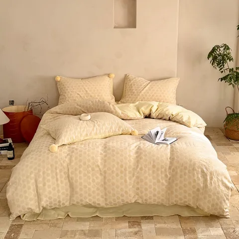 Ensemble de Literie Jacquard Teint en Fil en Coton Motif Pois Minimaliste Doux Respirant Maison Chambre Housse de Couette Drap de Lit Ensemble de Quatre Pièces